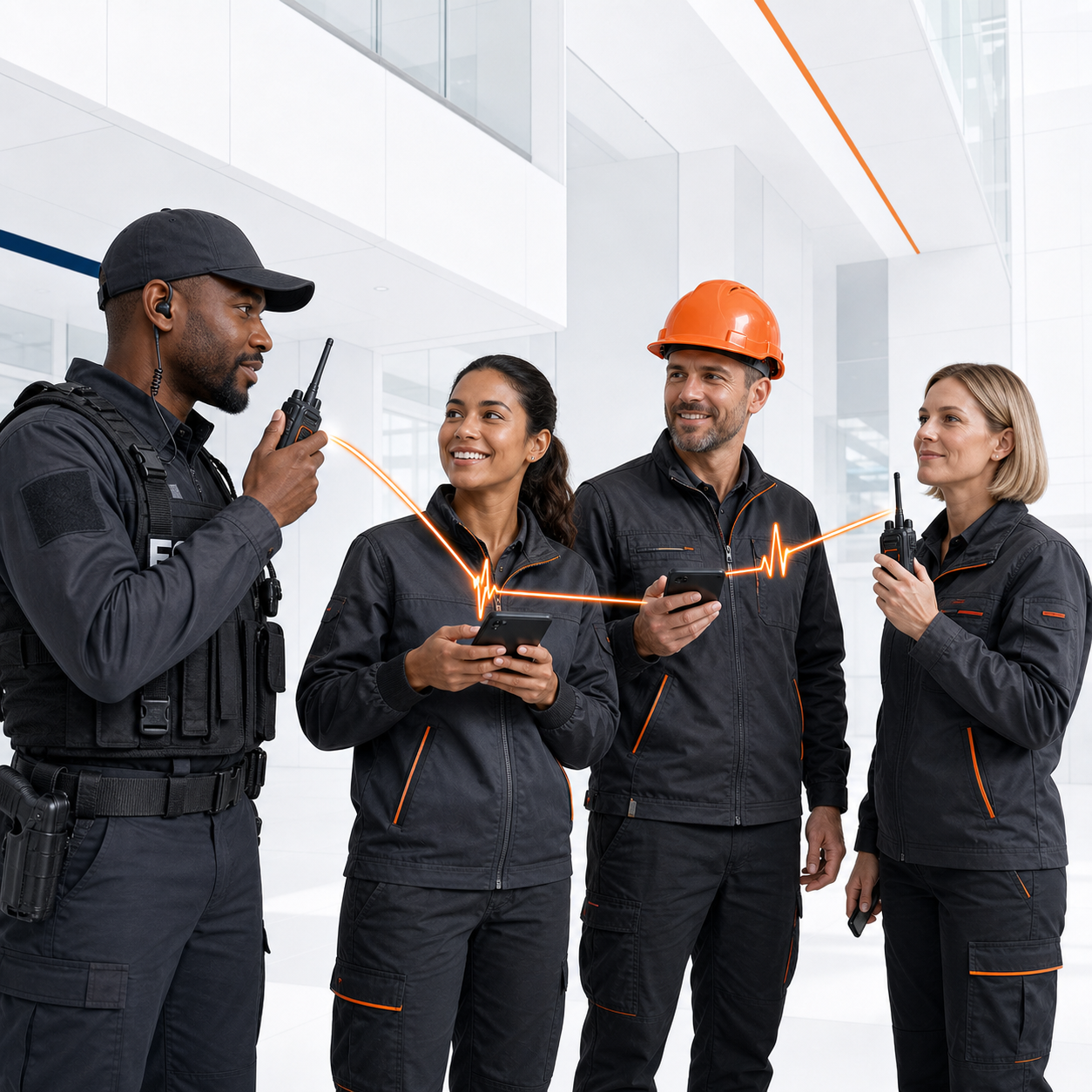 Quatre professionnels testant une solution Radio LTE Wavensys