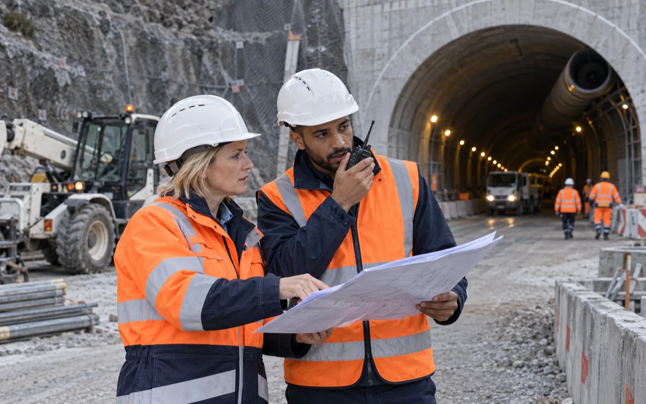 Responsables de chantier coordonnés par Radio LTE à l’entrée d’un tunnel
