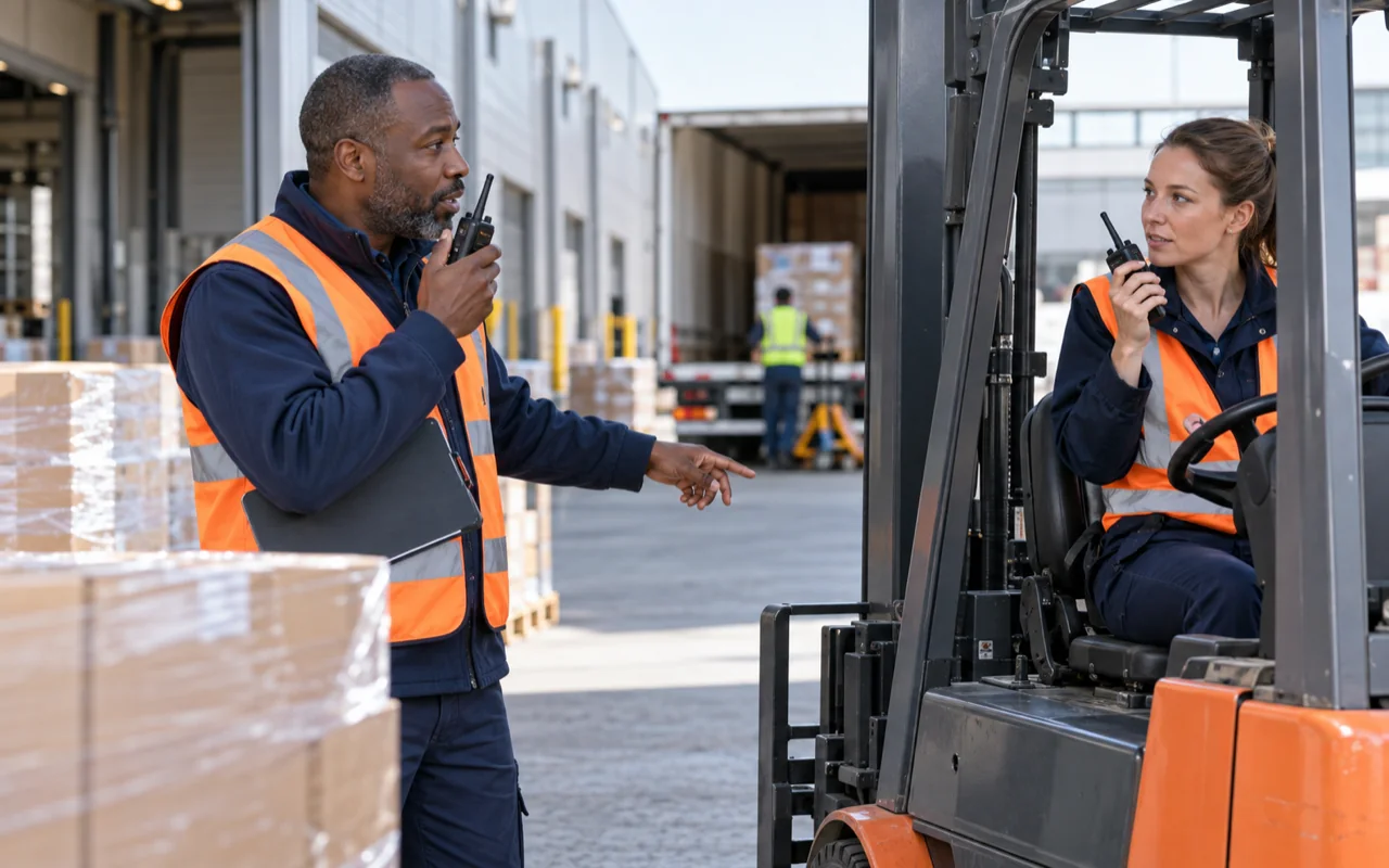 Équipe logistique coordonnée par Radio LTE sur un quai de chargement