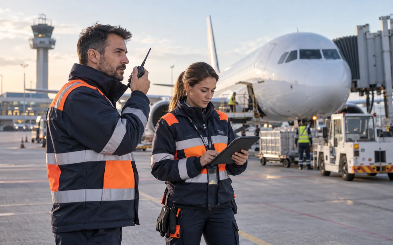 Équipe au sol d’un aéroport coordonnée par Radio LTE