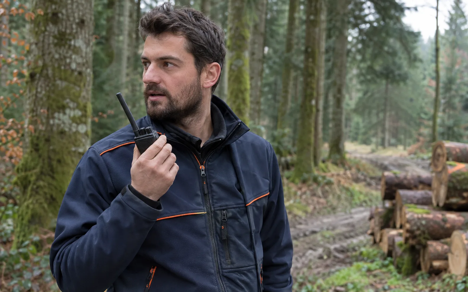 Professionnel forestier utilisant une radio LTE en forêt