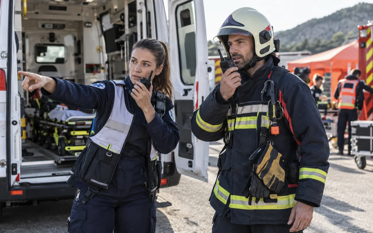 Équipe de secours coordonnée par Radio LTE près d’une ambulance
